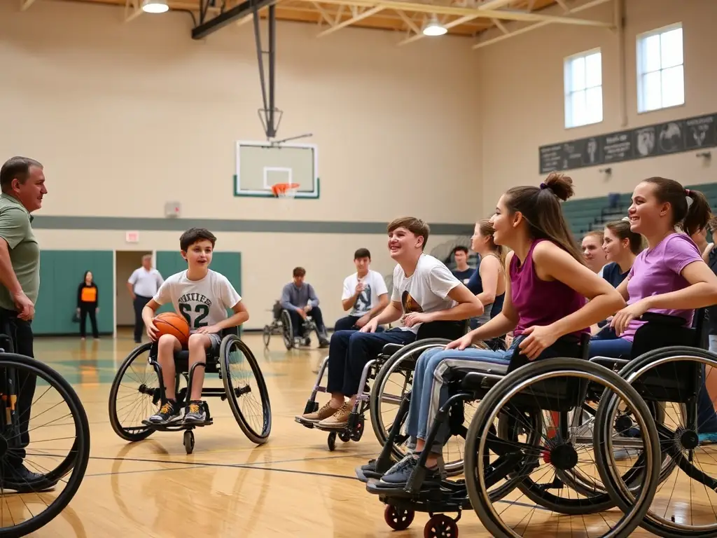 A group of young people participating in a basketball game, all using wheelchairs, smiling and actively engaged in the sport. The setting is a well-lit indoor gymnasium with supportive coaches and volunteers assisting.