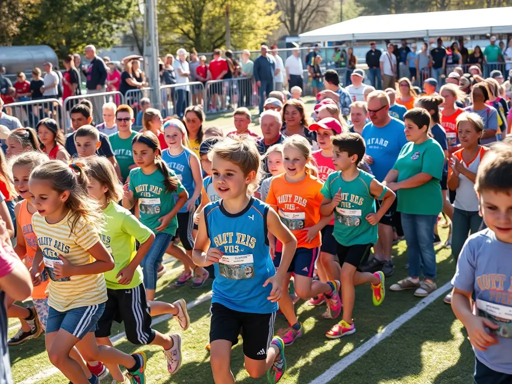 A vibrant scene from a community sports tournament, with participants, families, and volunteers all engaged and supportive. The atmosphere is energetic and inclusive.