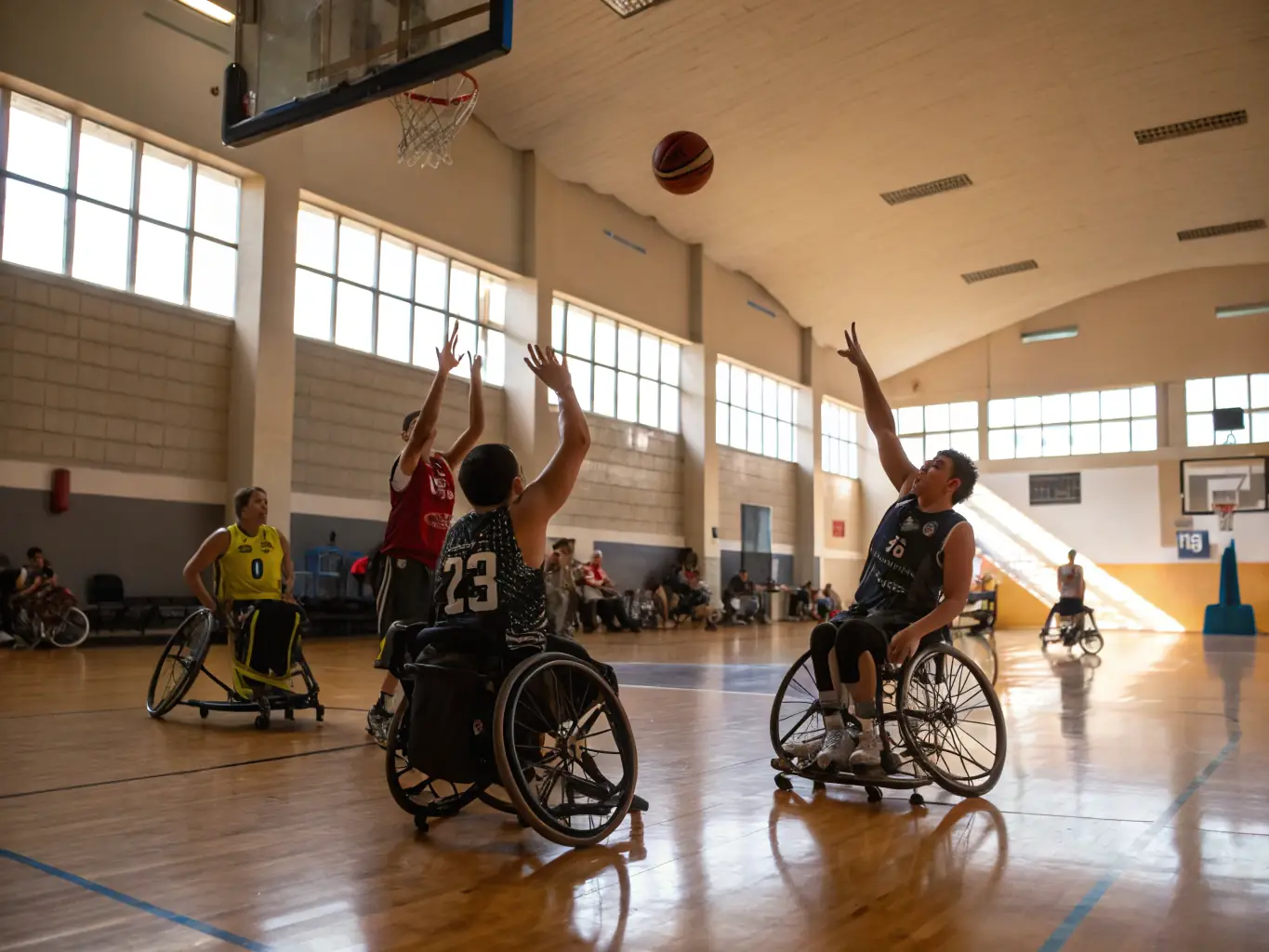 A group of young people participating in a wheelchair basketball game, showcasing teamwork and inclusivity. The setting is a brightly lit gymnasium with supportive coaches and volunteers.