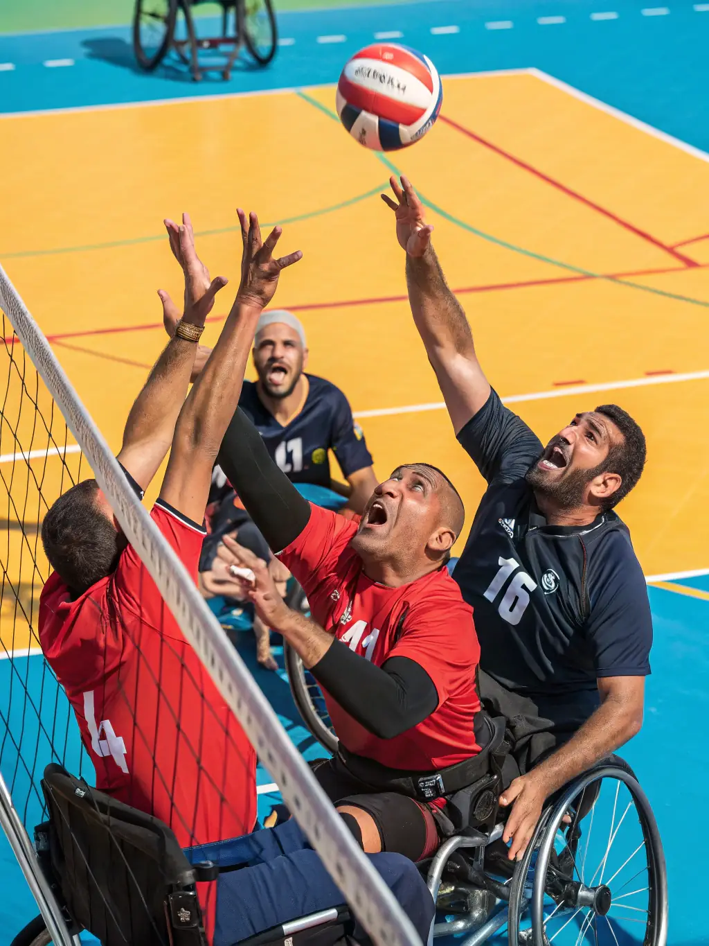 A vibrant image of young people participating in adaptive sports such as wheelchair basketball and adaptive swimming, showcasing inclusivity and active engagement.