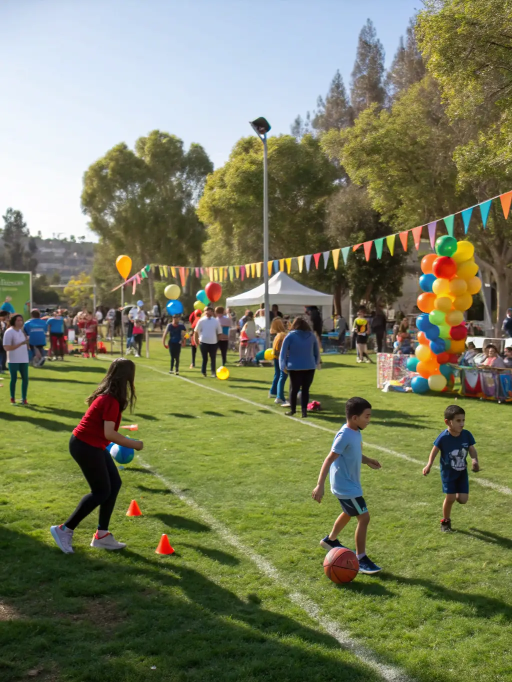 A lively image of a community sports event with young participants, families, and volunteers celebrating together.