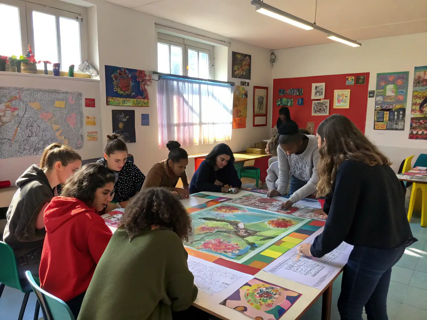A group of young people engaged in an arts and crafts session, creating colorful artwork and interacting positively with each other. The setting is a comfortable and creative space.
