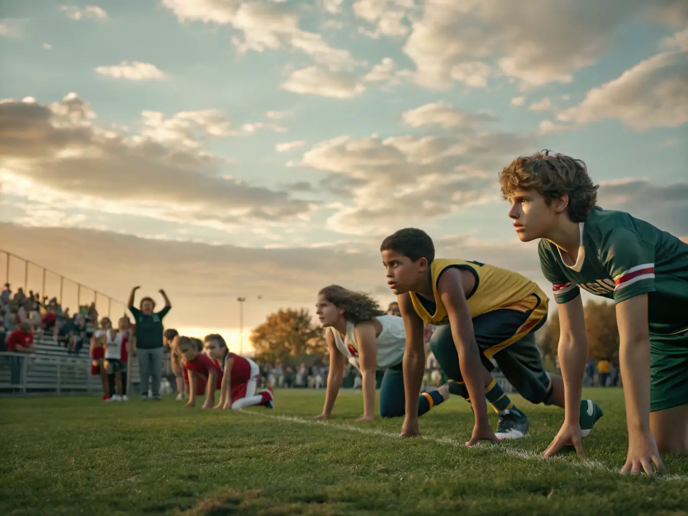 A vibrant scene from a community event, showing young people participating in a sports tournament, with families and volunteers cheering them on. The event promotes community participation and raises awareness about inclusive sports.