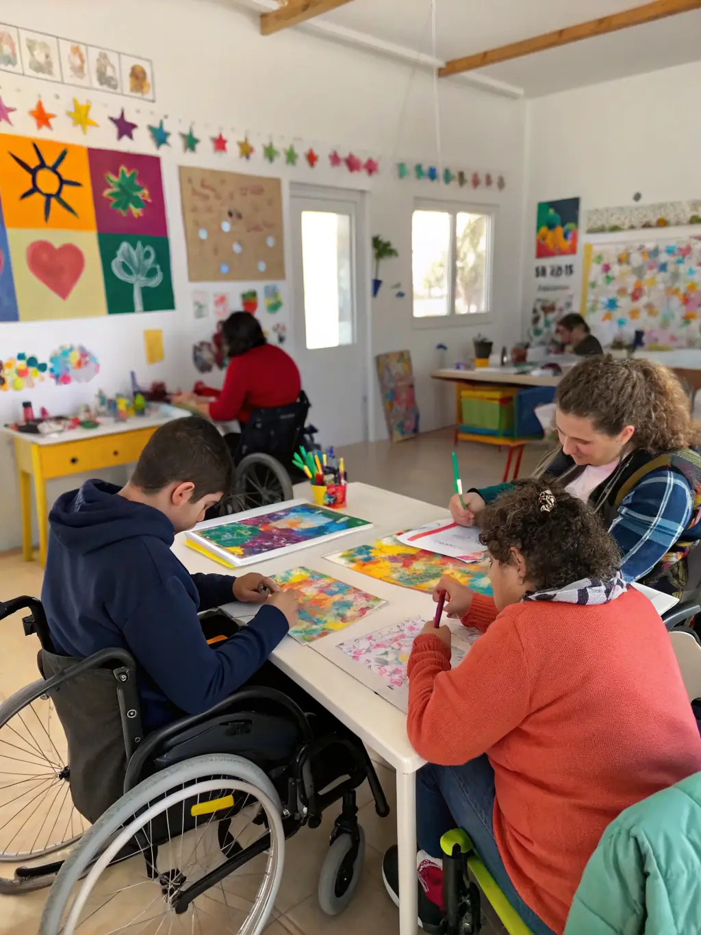 An image of young people engaged in arts and crafts, smiling and collaborating in a bright, inclusive environment.