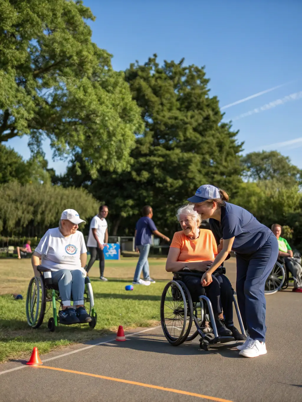 Image of children with disabilities playing boccia ball, smiling and laughing, with volunteers assisting them.