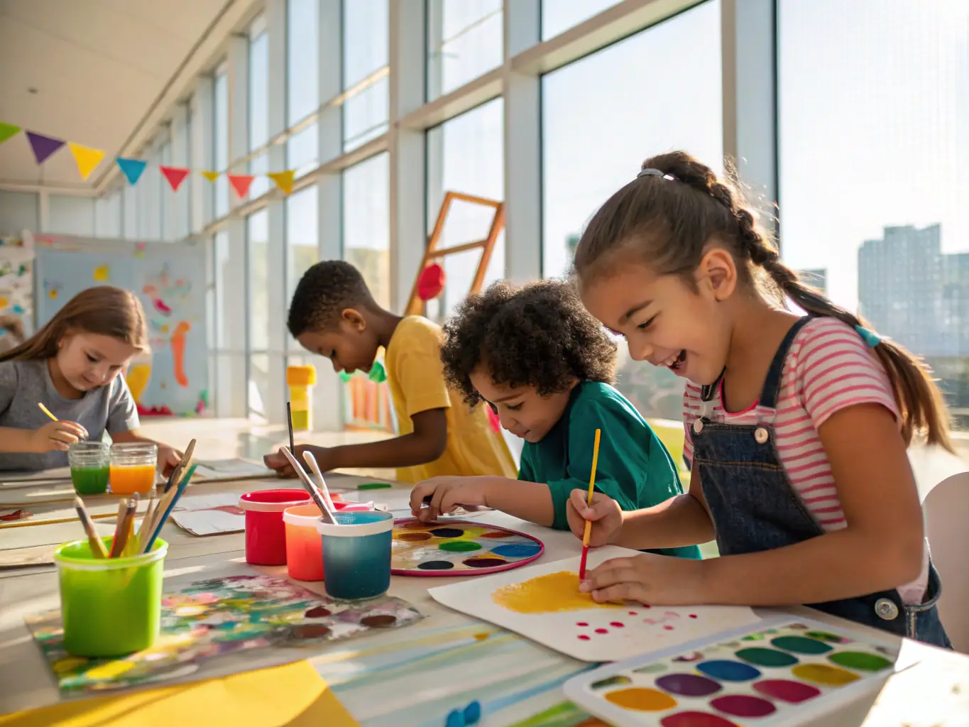 A group of children engaged in an arts and crafts session, creating colorful artwork with the help of instructors. The atmosphere is relaxed and supportive, with children laughing and interacting positively.